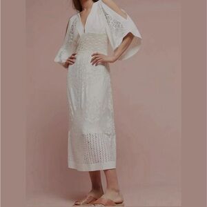 Farm Rio Anthropologie Solana Open Shoulder Midi Dress Bridal Crotchet Waist S